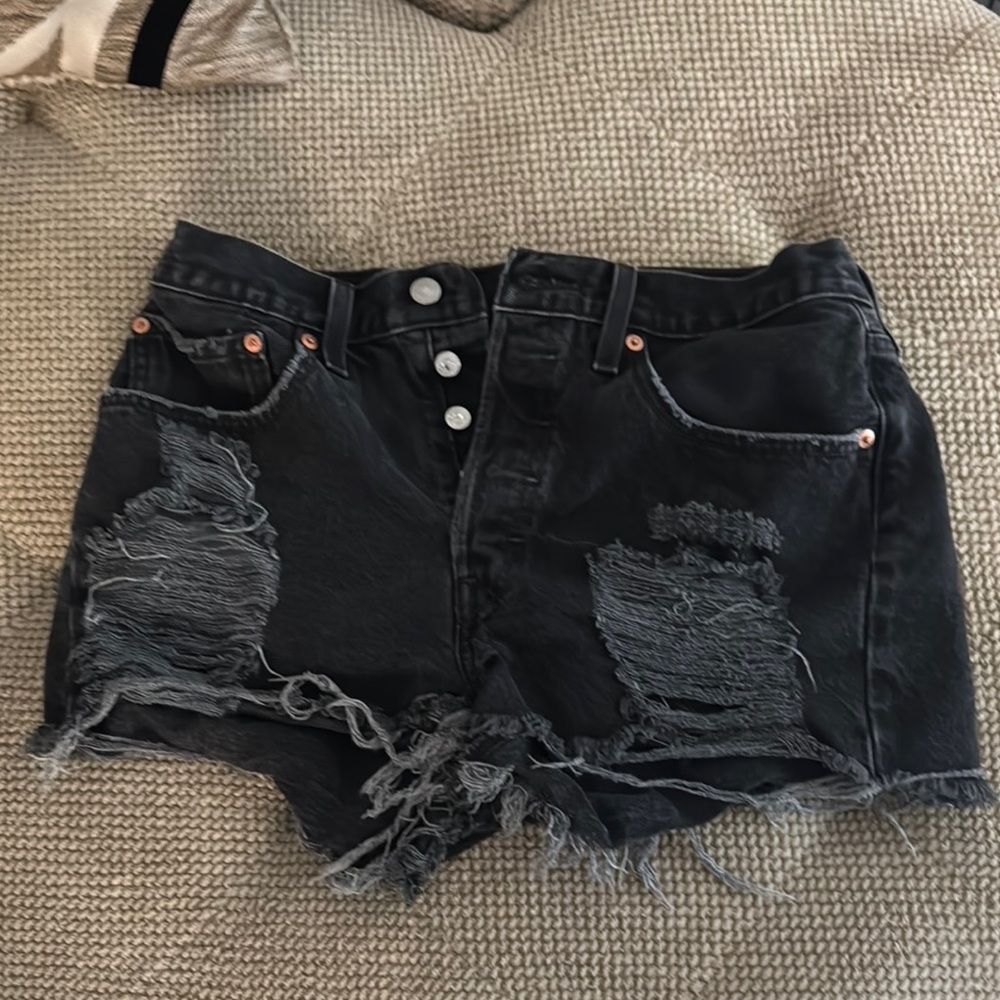Levi's Black Distressed Jean Shorts with Frayed Hem